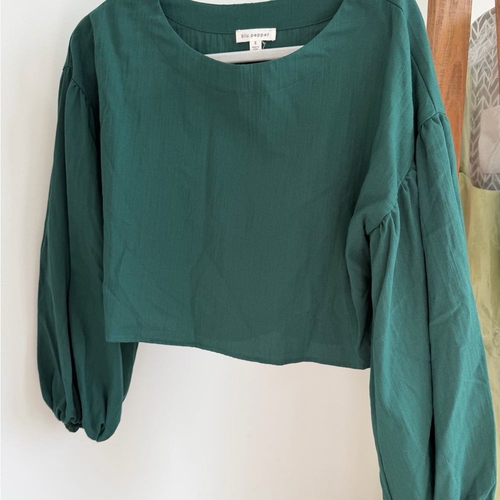 Blu Pepper Deep Teal Puff Sleeve Cropped Blouse